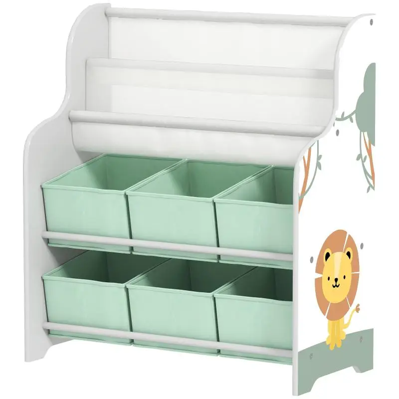 Children's storage unit, toy storage, 6 fabric drawers and two-tier shelf, 63x30x71cm, green