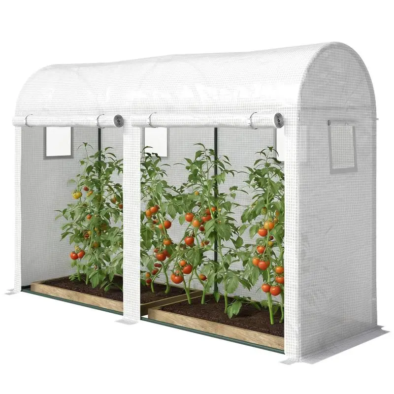Garden Greenhouse, Small Balcony Greenhouse with PE Cover and Steel Frame, Roll-up Doors and Windows, 300 x 100 x 200 cm, White