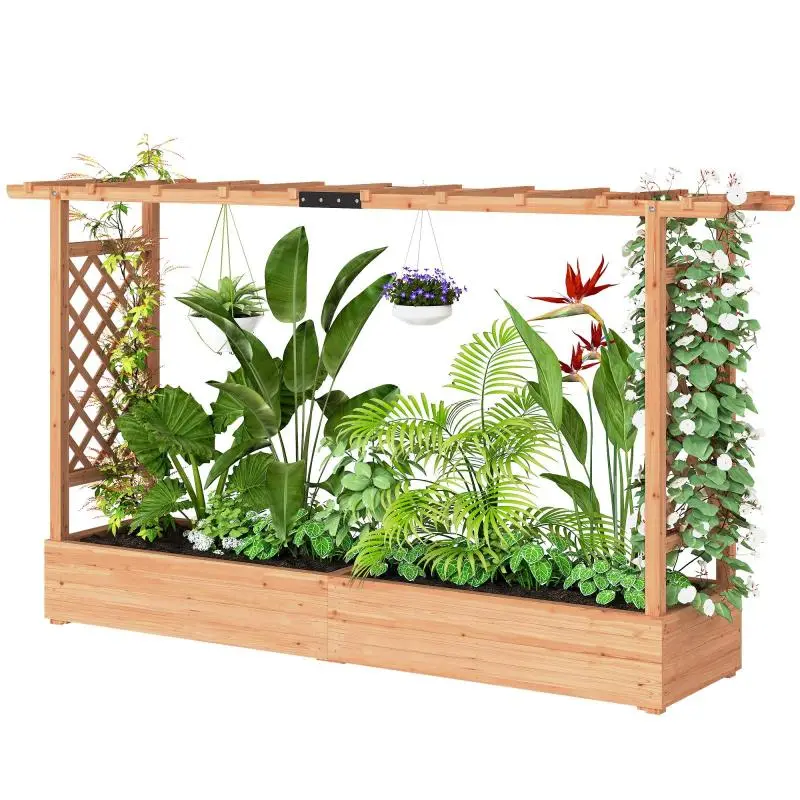 Natural Wood Elevated Planting Box with Drainage Holes and Climbing Frames, dimensions: 200 x 44 x 113.5 cm