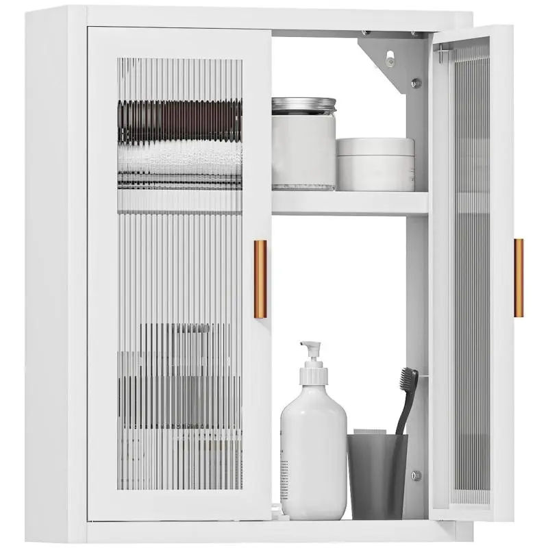 Bathroom wall cabinet, high cabinet with 2 fluted doors, adjustable shelf, 40x14x50cm, white