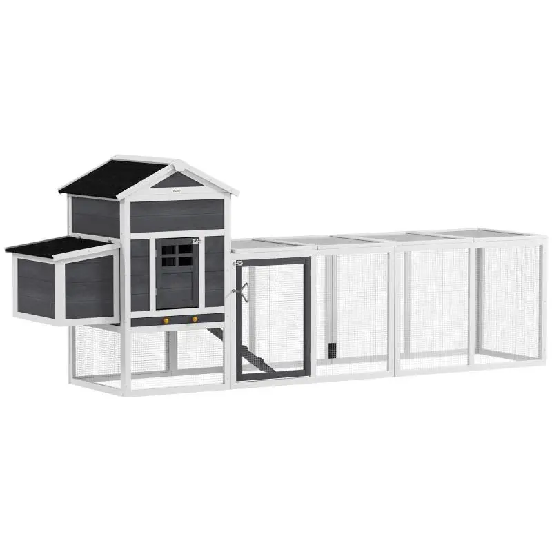 Outdoor wooden chicken coop with nesting box and removable tray, solid wood, 297.5 x 68 x 118 cm, white