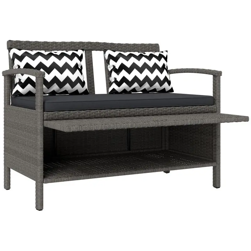 2-Seater Outdoor Garden Bench with 160L Storage – PE Rattan – Includes Cushion & 2 Pillows – 112 x 62 x 82 cm – Grey