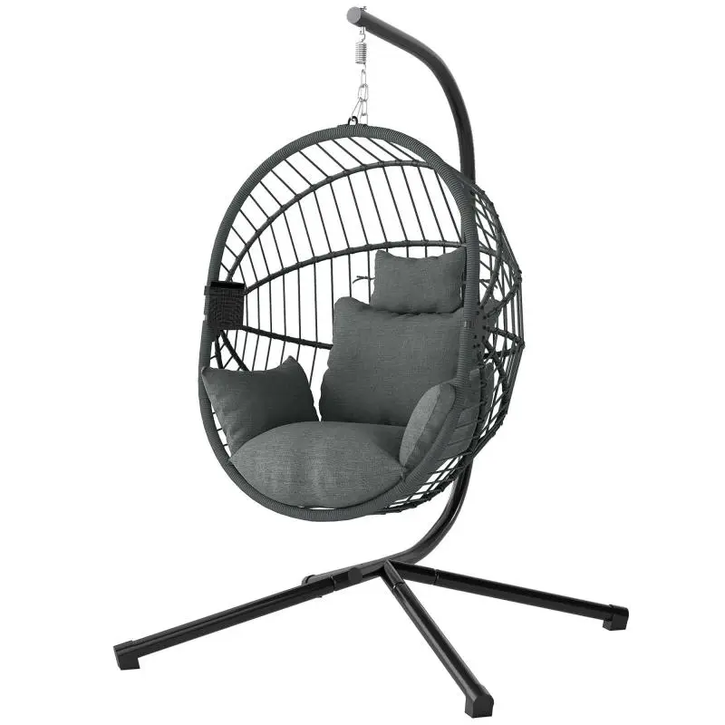 Hanging egg chair, indoor/outdoor hammock swing chair, foldable basket, padded cushion, grey
