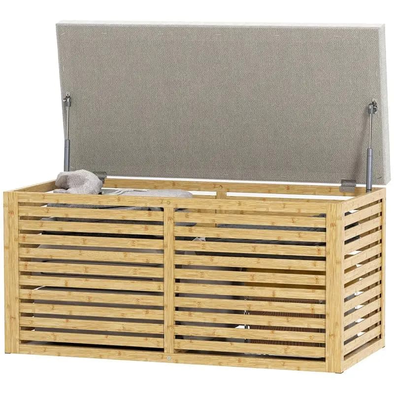 Storage bench, upholstered storage chest in linen-look fabric, bamboo lid and frame, grey and natural