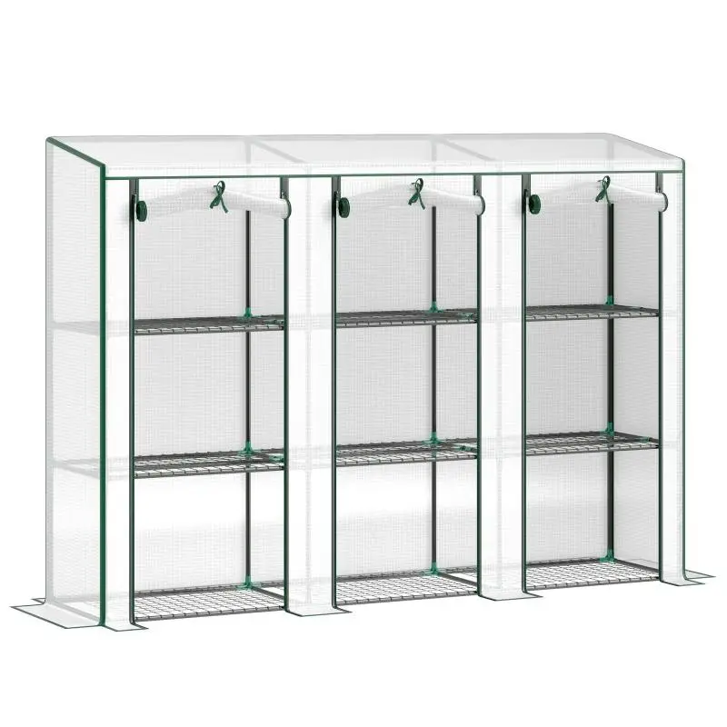 Garden greenhouse with 3-tier shelving, balcony greenhouse, 3 roll-up zippered doors, 215 x 46 x 151 cm, white