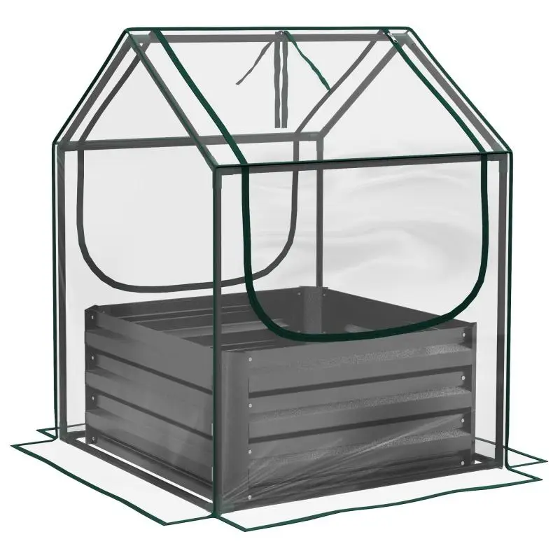 Garden vegetable bed with mini greenhouse, galvanized steel raised planter, 70 x 70 x 90 cm, dark grey