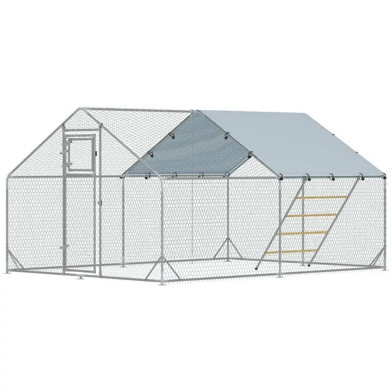 Outdoor wire mesh chicken run (12 m²) with perch and feeder – galvanized steel (Ø25mm), 300x400x195cm, silver