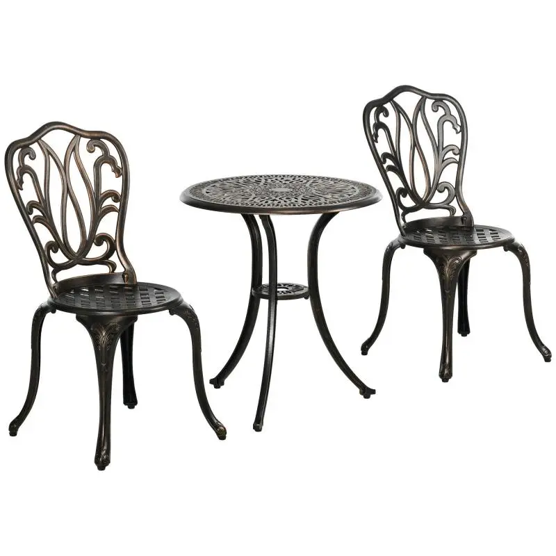 2-Seater Garden Bistro Set (2 Chairs + Round Table) – Retro-Charming Style – Cast Aluminum – Bronze Finish