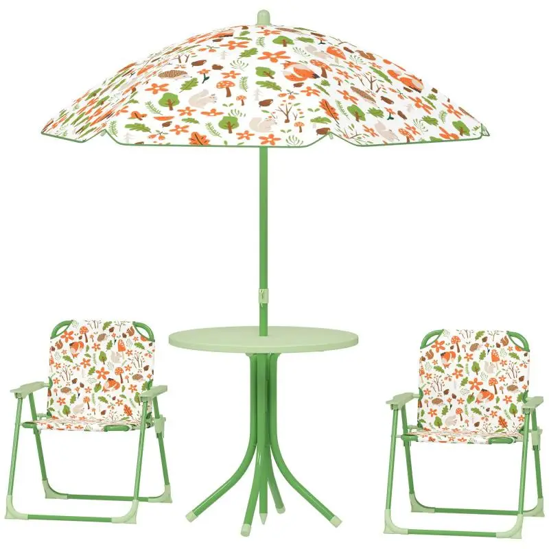 Children's 4-piece outdoor garden furniture set, elephant and giraffe design, adjustable parasol Ø 100 cm, folding chair