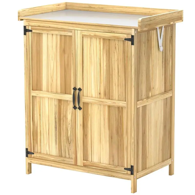 Wooden garden cabinet/shed with 2 doors, hinged roof, and shelf, 74 x 43 x 88 cm, natural wood