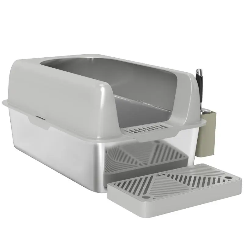 Easy-to-clean stainless steel cat litter box with high sides to prevent urine leaks, scoop included, grey