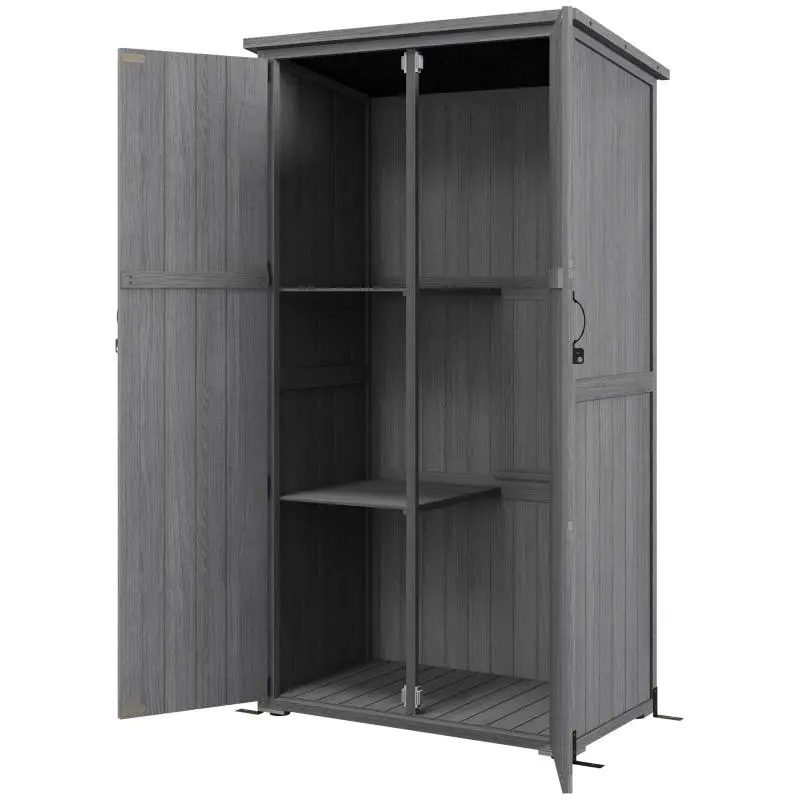 Freestanding wooden garden cabinet/shed with 2 shelves and a slanted, asphalt-covered roof, 90 x 54.5 x 168.5 cm, grey