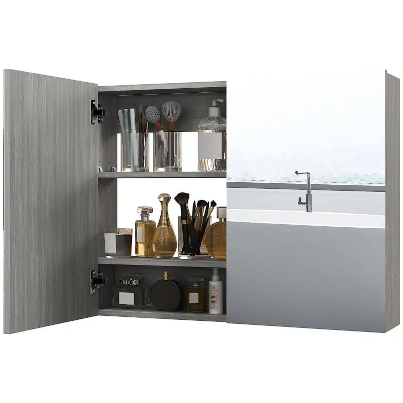 Wall-mounted bathroom cabinet with mirror, double doors and adjustable shelves, 80x15x60cm, grey