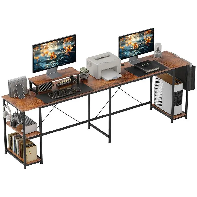 Reversible corner desk, 168–240 cm, computer desk with adjustable shelf and monitor stand, rustic brown