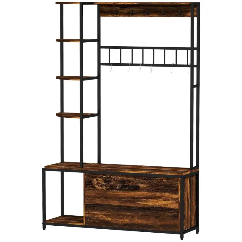 Coat rack with shoe rack: 10 hooks, 3 shelves, 2-tier flip-down shoe cabinet, brown