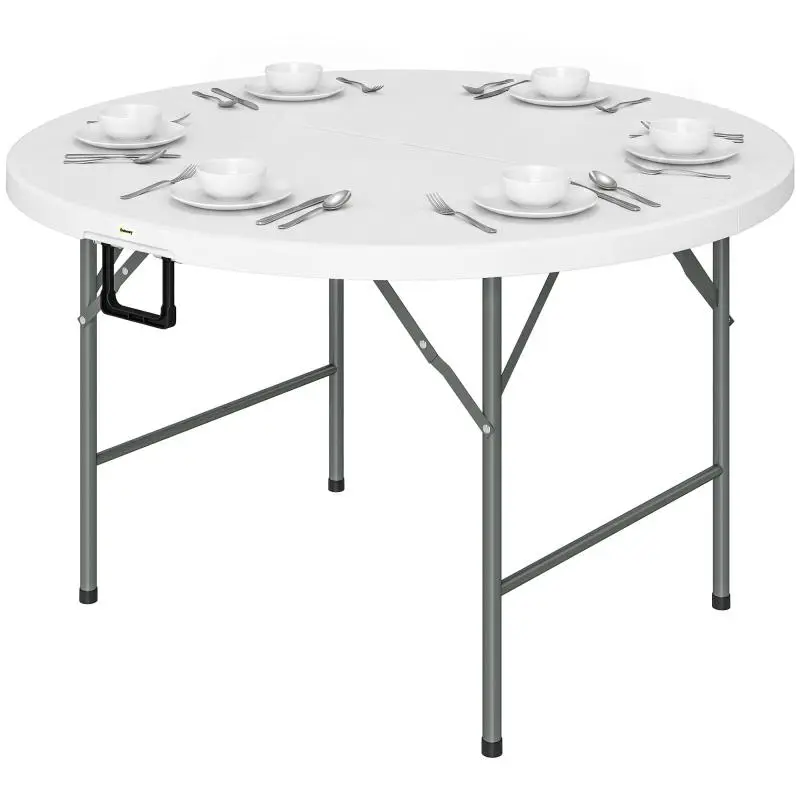Folding round garden table (Ø122 cm) seating 6 people for events; features a metal frame and HDPE tabletop.