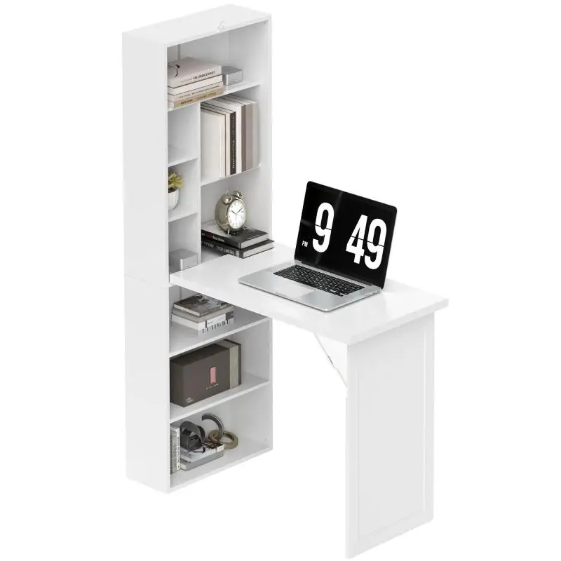 Foldable computer desk with bookcase, workstation, whiteboard, and adjustable shelf, 98x51x153cm, white