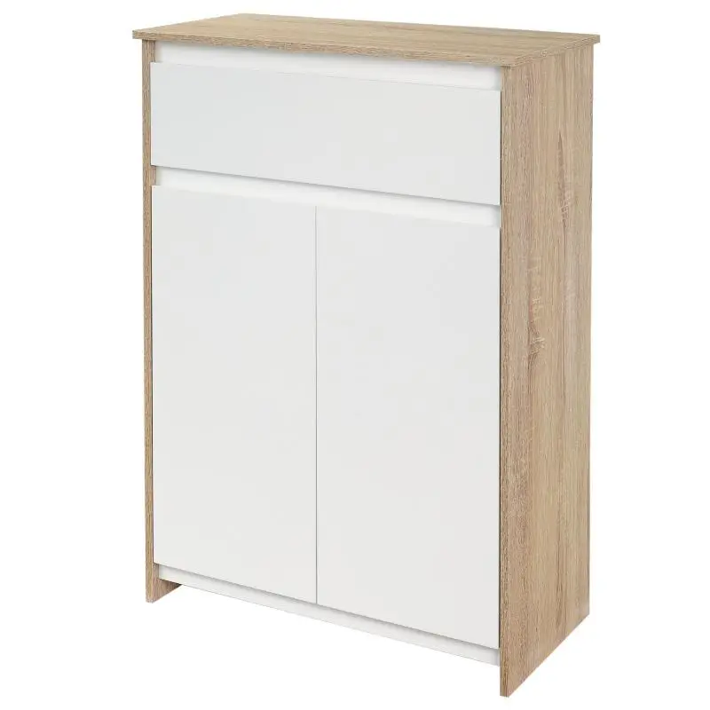 Bathroom storage unit with drawer and double-door cabinet, 60x30x90cm, white and natural wood effect