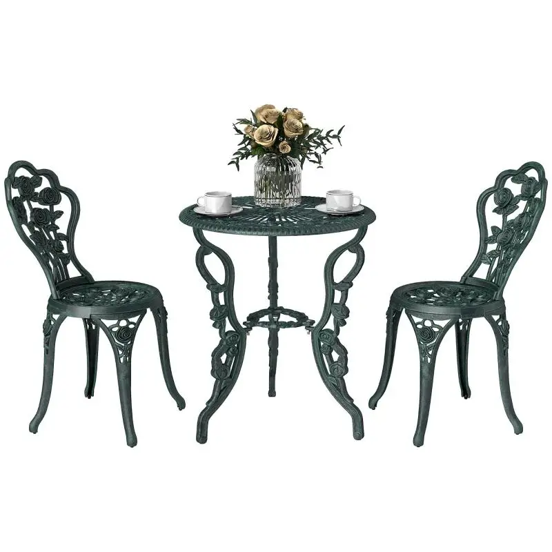 2-Seater Garden Set (2 Chairs + Round Table) – Neo-Retro Style, Rose Pattern, Tapered Lines, Cast Iron
