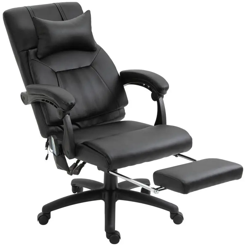Black executive office massage chair with built-in footrest and headrest, reclining backrest, and adjustable height