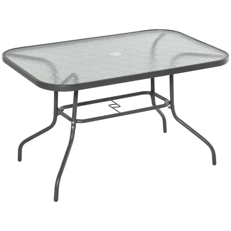 Rectangular garden table (120L x 80W x 70H cm), grey epoxy-coated metal, tempered glass top.