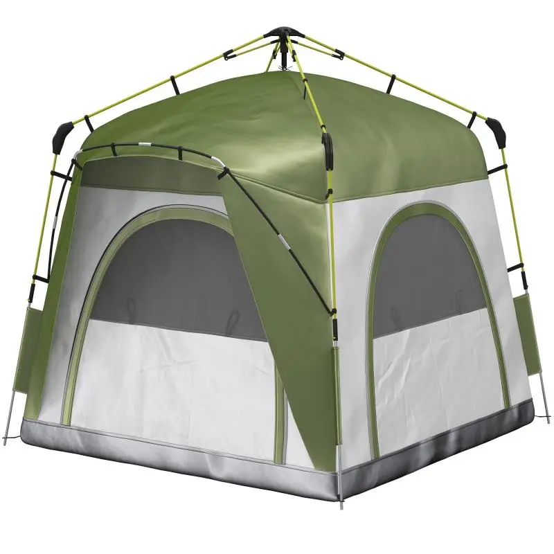 3-person pop-up camping tent, family dome tent with 4 doors, 4 windows, and carry bag – Green and gray
