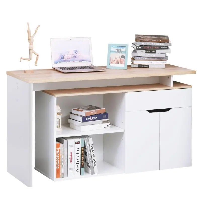 Modular multimedia computer desk with ample storage: double open compartments, a drawer, and a wooden cabinet.