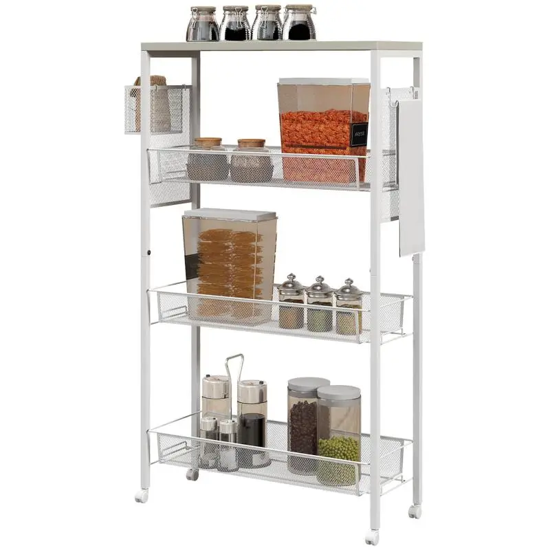 Rolling kitchen trolley, storage cart with 3 baskets, 1 hanging basket, and hooks, 58 x 18.5 x 87 cm, white