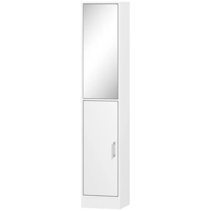 White bathroom tall cabinet with mirror, 6-tier storage unit with 2 doors and adjustable shelves