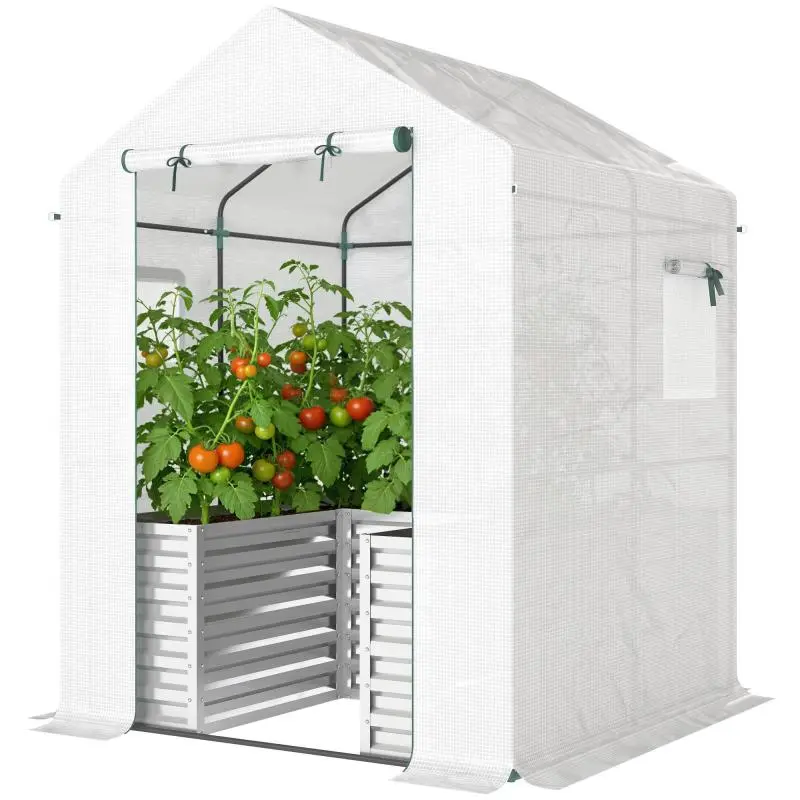 Tomato Greenhouse / Poly-tunnel Greenhouse with Raised Bed, Roll-up Door, Window, and Sloped Roof – 141 x 141 x 190 cm – White