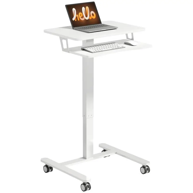 Height-adjustable standing desk, rolling sit-stand desk with keyboard tray, casters, and steel frame, white.