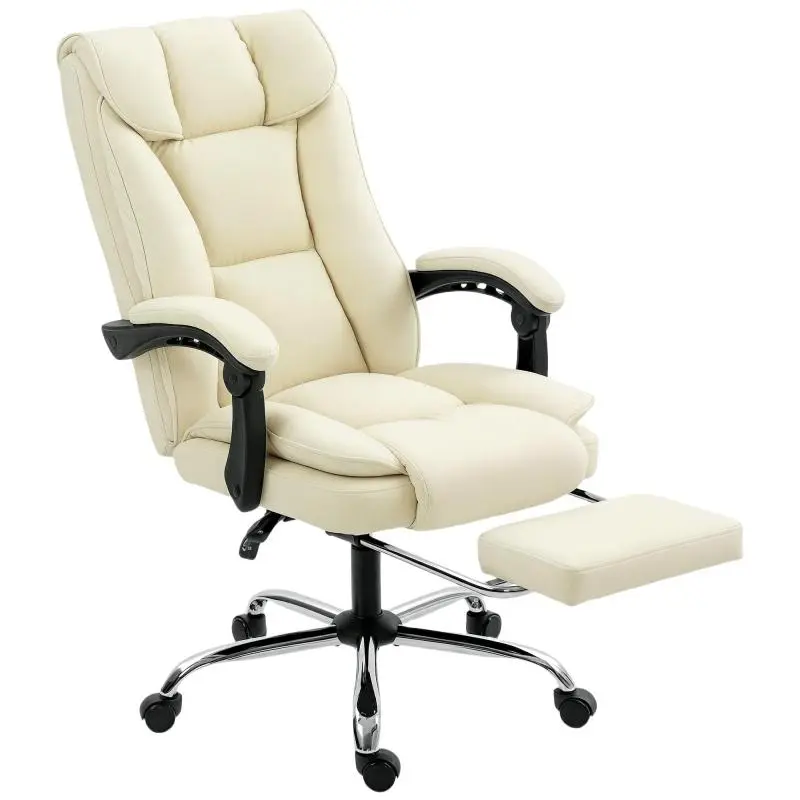Ergonomic office chair with footrest, faux leather upholstery, on casters, swivel, metal, beige and black