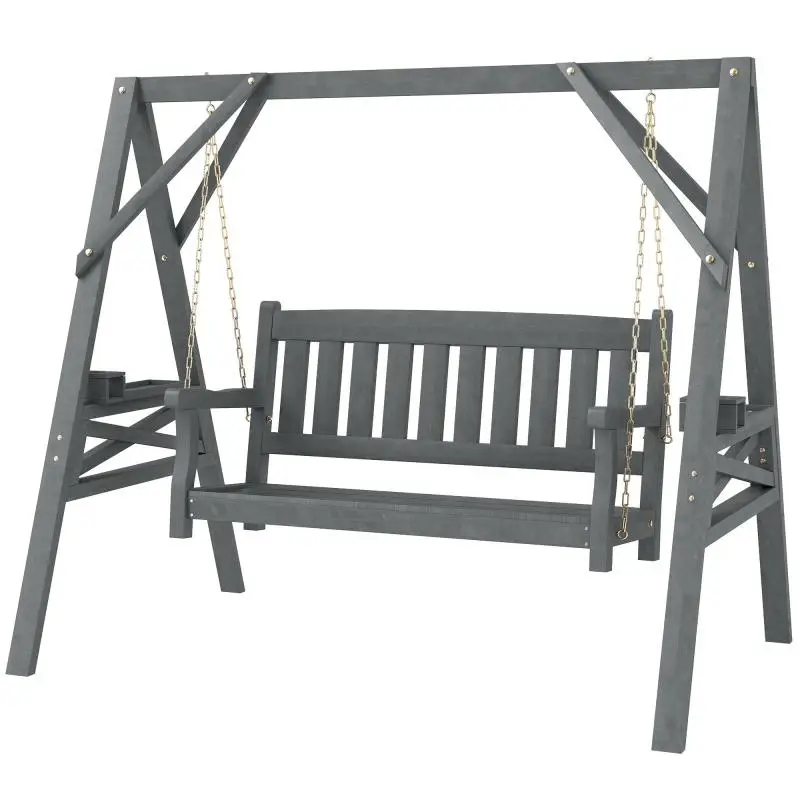 2-Seater Outdoor Swing Chair, Wooden Porch Swing with Side Tables, Cup Holder, Gray