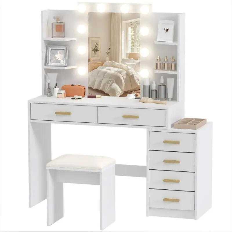 Vanity table with illuminated mirror and padded stool, vanity set with 6 drawers and shelves, white