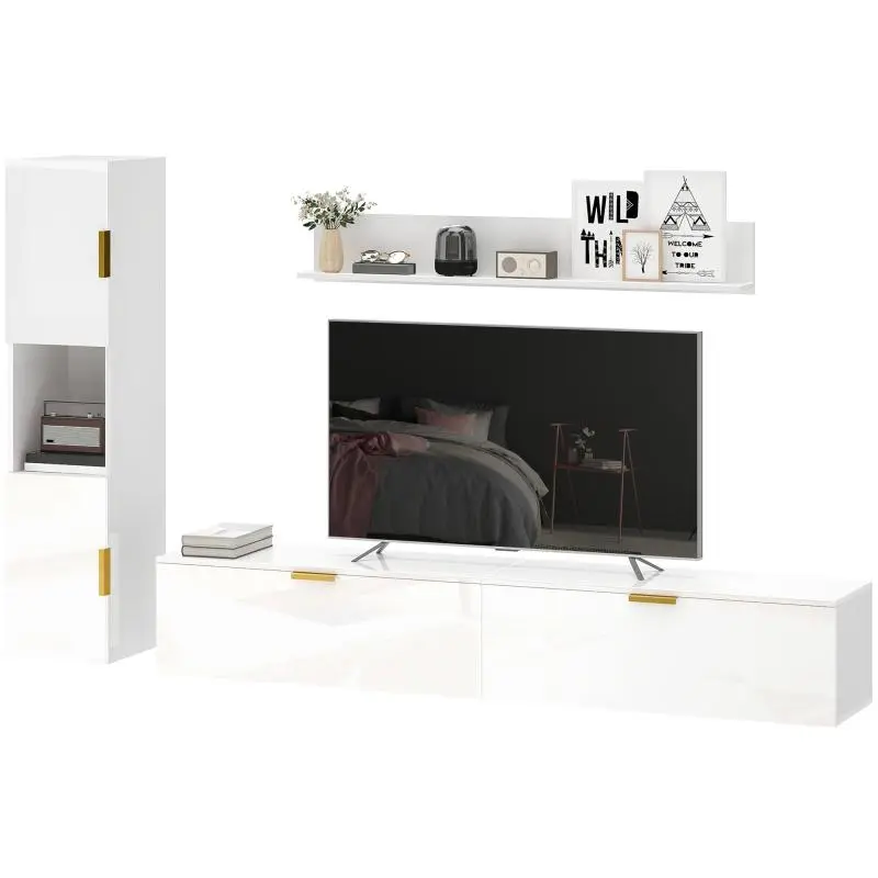 Floating TV Unit with Drop-Down Doors – Entertainment Center / Wall-Mounted Cabinet – 180 cm – High-Gloss White