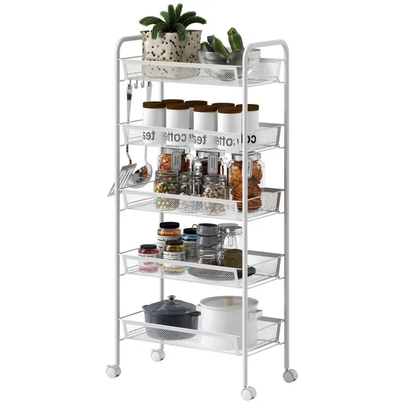 Kitchen trolley with 5 wire baskets, 4 hooks, 4 castors, 2 handles, steel/plastic, 45 x 26.5 x 106 cm