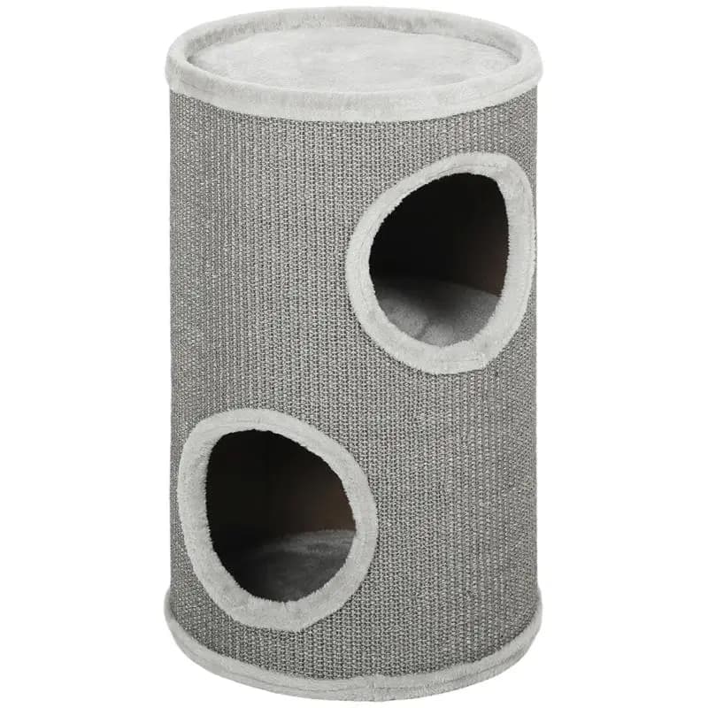 Scratching barrel, 60 cm high, Ø 35 cm, two-story cat barrel with 2 caves, plush rim, for 1-2 cats up to 5 kg, light grey