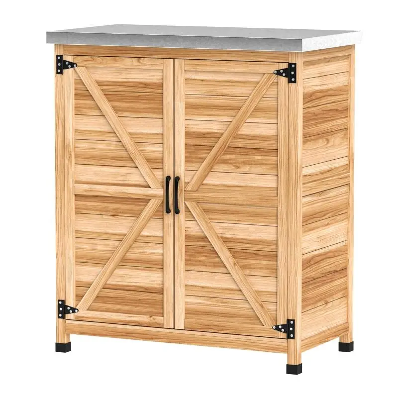 Garden Cabinet with Potting Table, Wooden Tool Shed with Galvanized Worktop, 2 Shelves, Double Doors, 79 x 43 x 92 cm