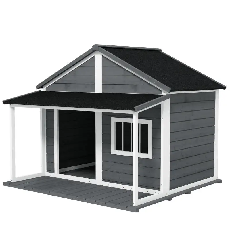 Outdoor dog kennel, incl. porch, weather-resistant, 124 cm x 112 cm x 105 cm, grey + white