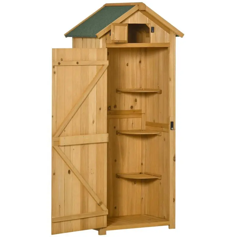 Wooden Garden Cabinet, Weatherproof Tool Shed 77 x 54.2 x 179 cm, Tool House with Door and Gable Roof, Cabinet with Shelves, Tool Storage for Garden and Patio, Yellow & Green