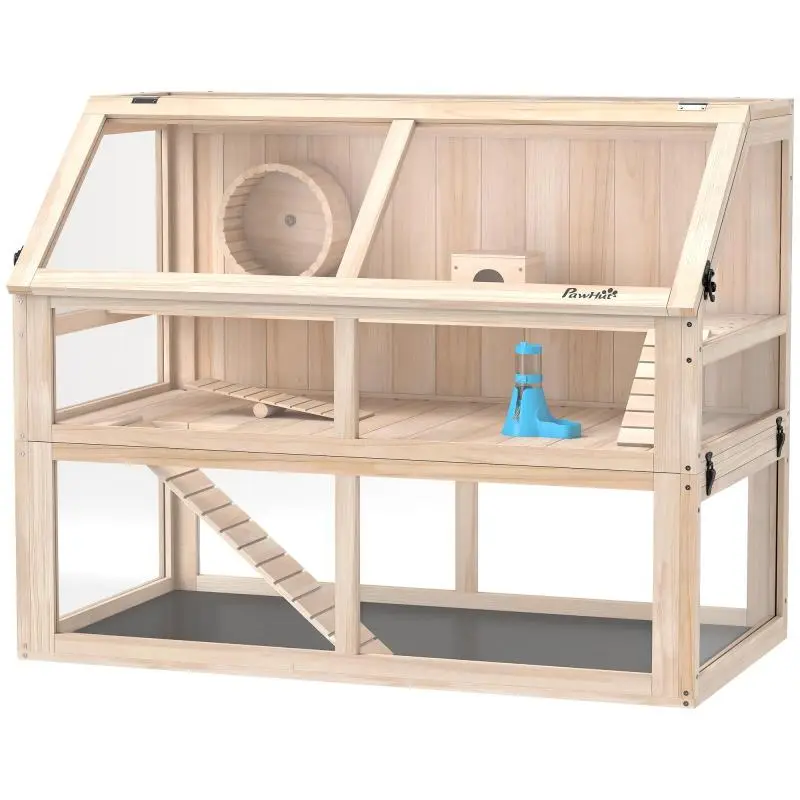 3-Tier Wooden Hamster Cage – Small Animal Cage with Seesaw, Exercise Wheel, and Hideout