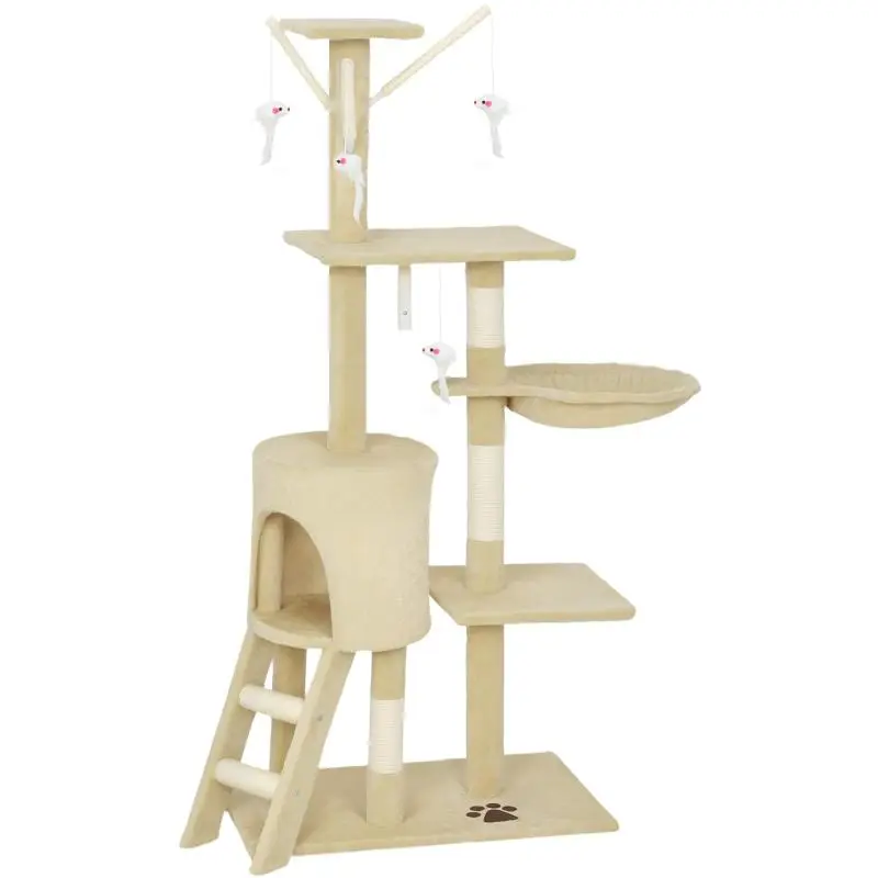 Cat tree with cave, 4 toys, sisal posts, large platform, and stairs; for cats under 5 kg – Beige