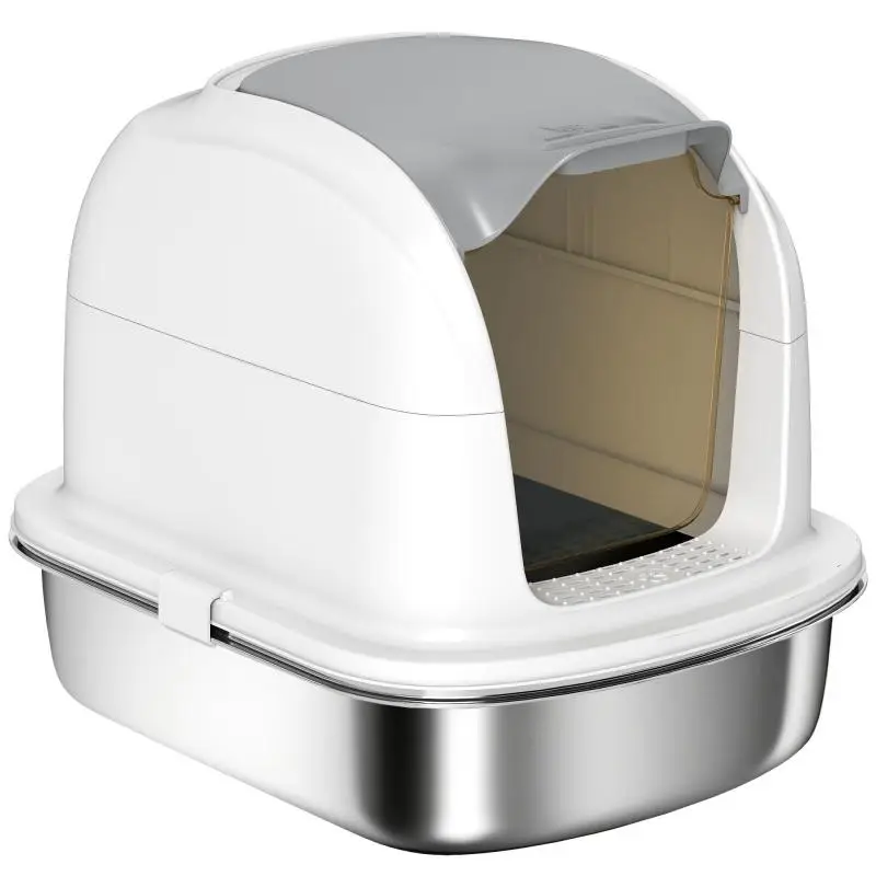 Stainless Steel Cat Litter Box with Lid, Cat Toilet with Tray, Litter Scoop, for Cats Under 5 kg, 52.4 x 41.3 x 42 cm, White
