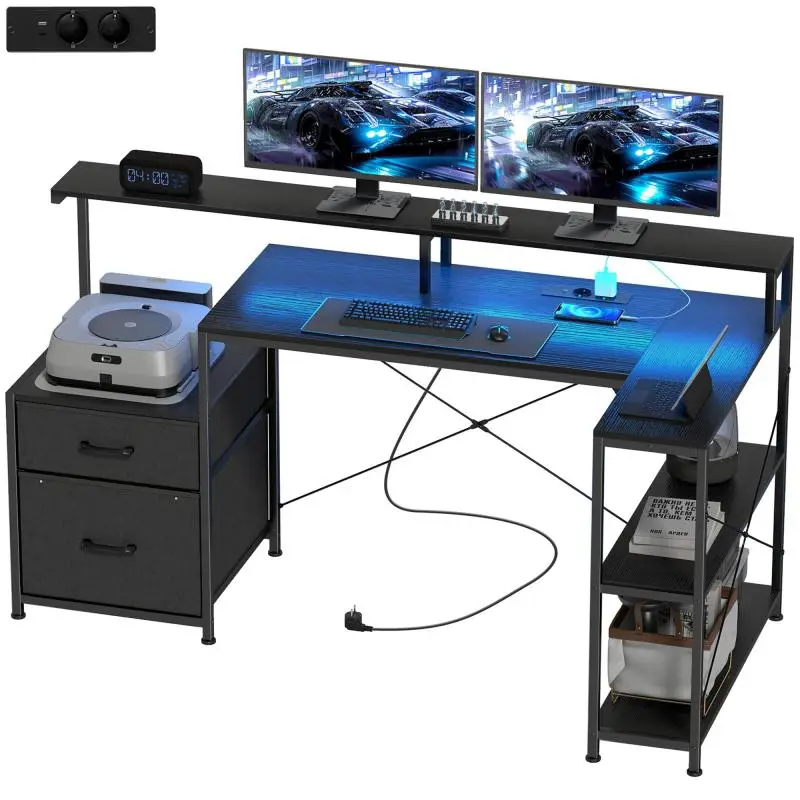 L-shaped gaming desk with LED lighting and power outlets, featuring a dual monitor stand, 165 x 80 x 91.5 cm, black wood-effect finish.