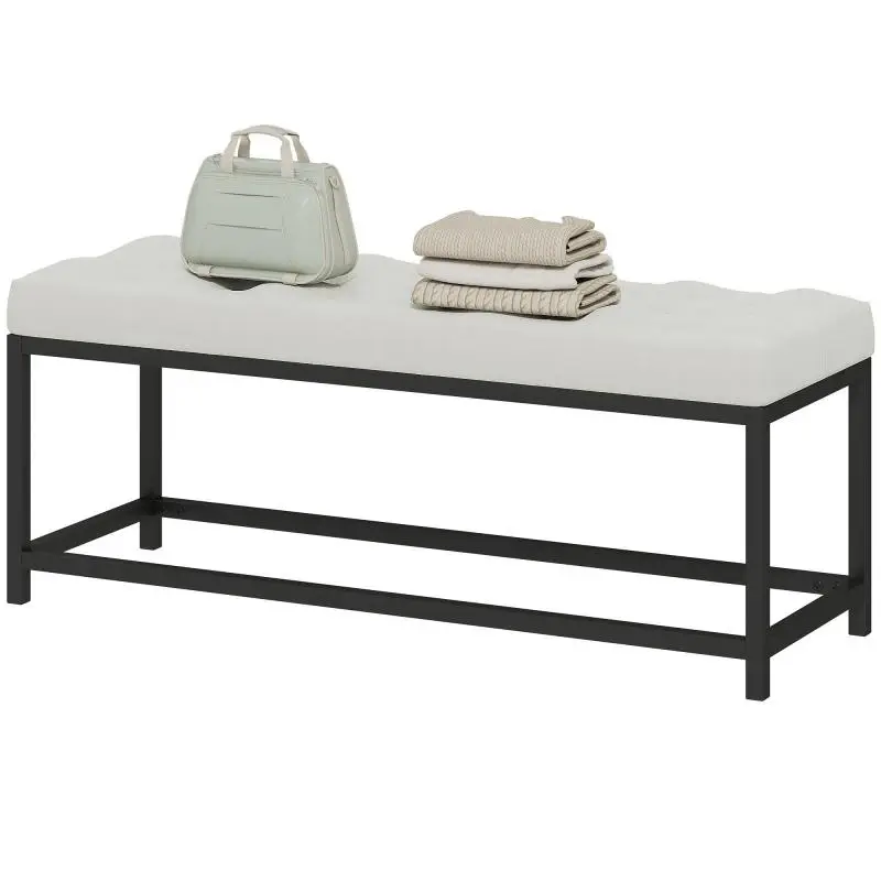 Cream Velvet Upholstered Bed-End Bench with Tufted Design and Metal Base – Suitable for Bedroom, Entryway, or Living Room