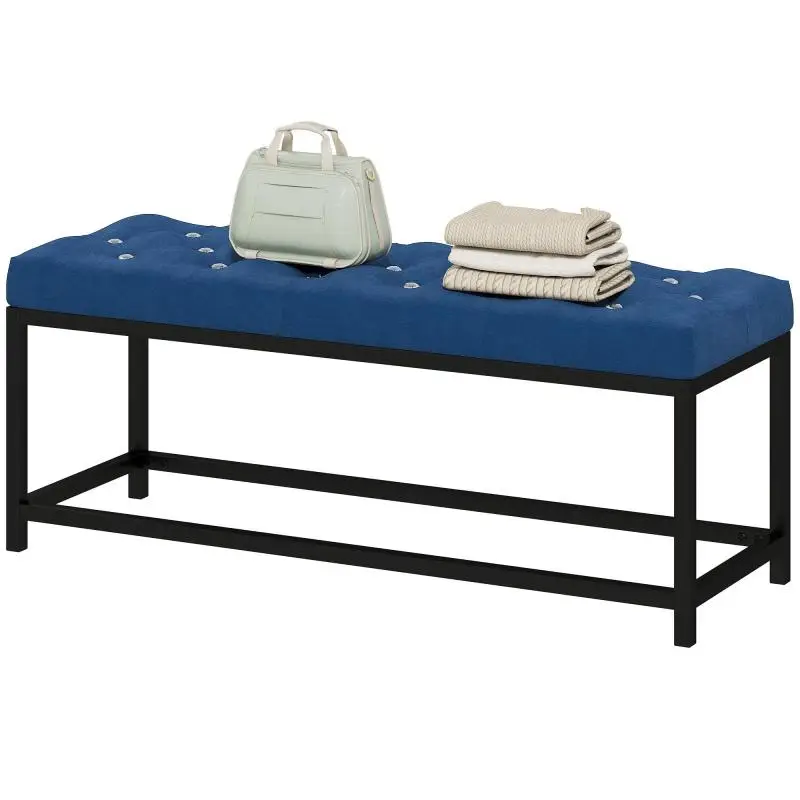 Velvet-Upholstered Bed Bench with Tufted Design and Metal Base – Dark Blue