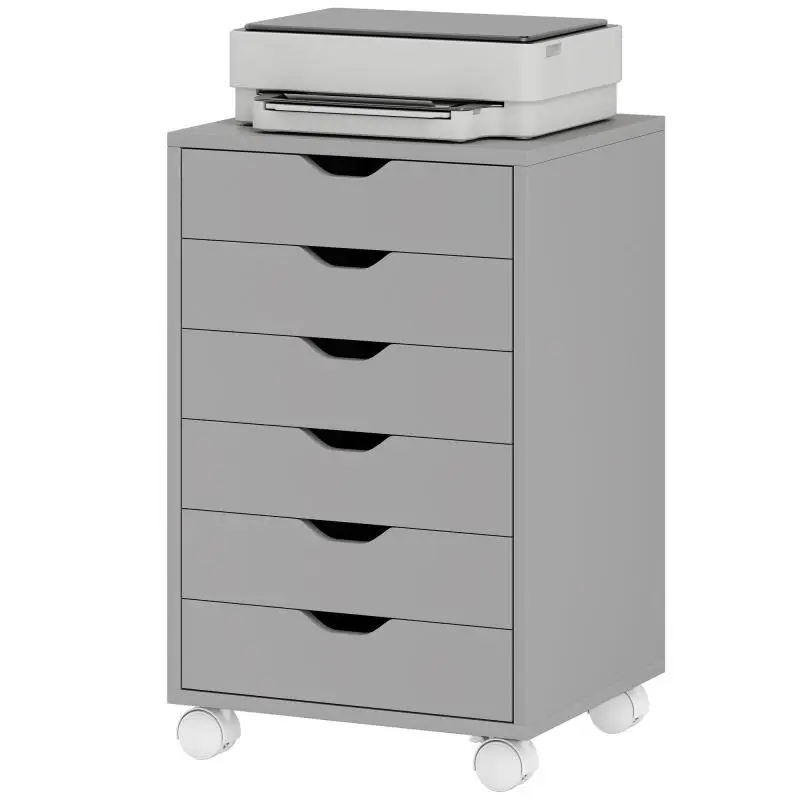 Mobile 6-Drawer Filing Cabinet/Desk Unit with Wheels and Silent Glides – Grey (for Home or Office)