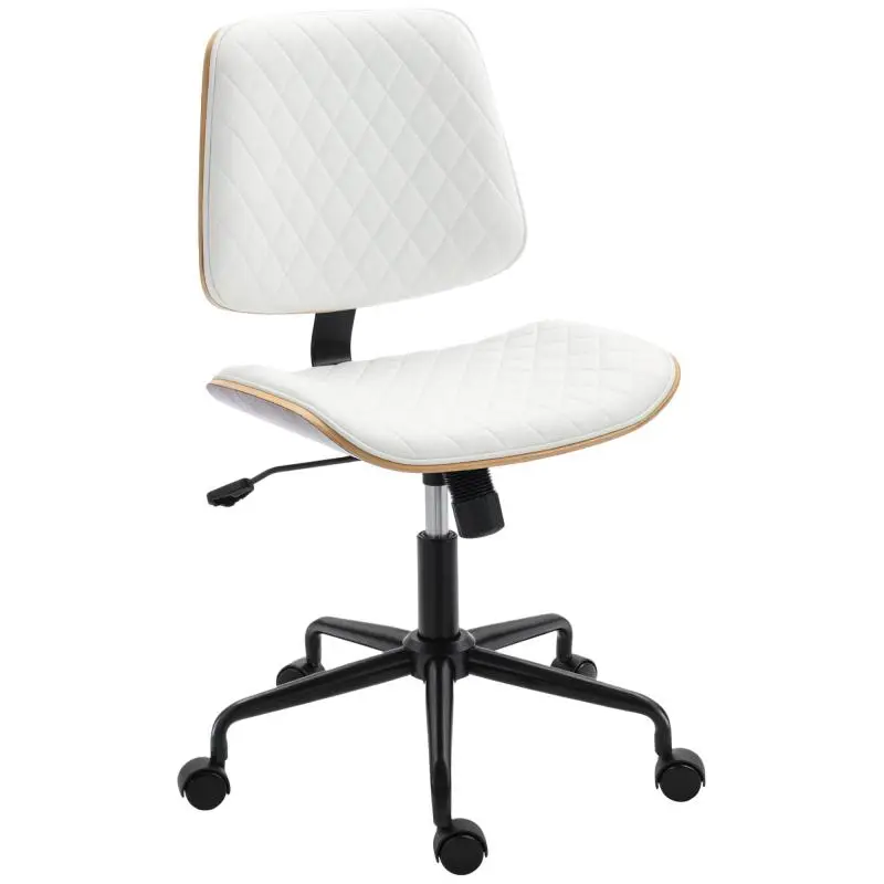 White Swivel Armless Desk Chair with Curved Back, U-Shaped Seat, Adjustable Height, and Tilt Function
