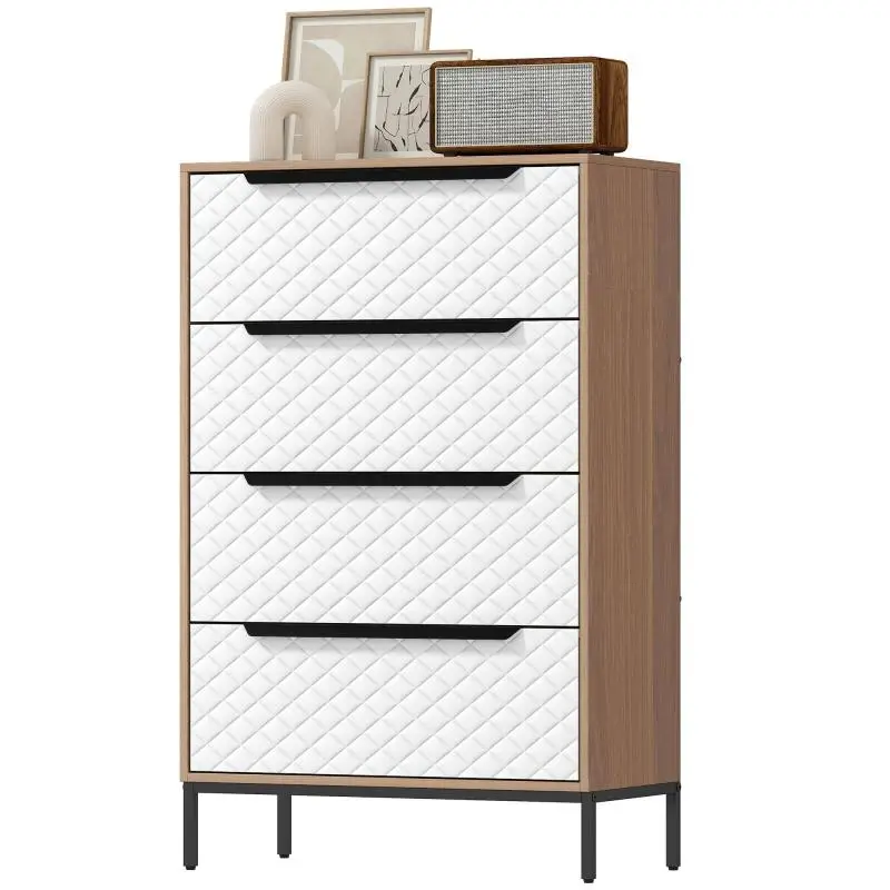 4-Drawer Fabric Chest with Diamond-Patterned Fronts – Natural and White – for Living Room, Office, or Dressing Room