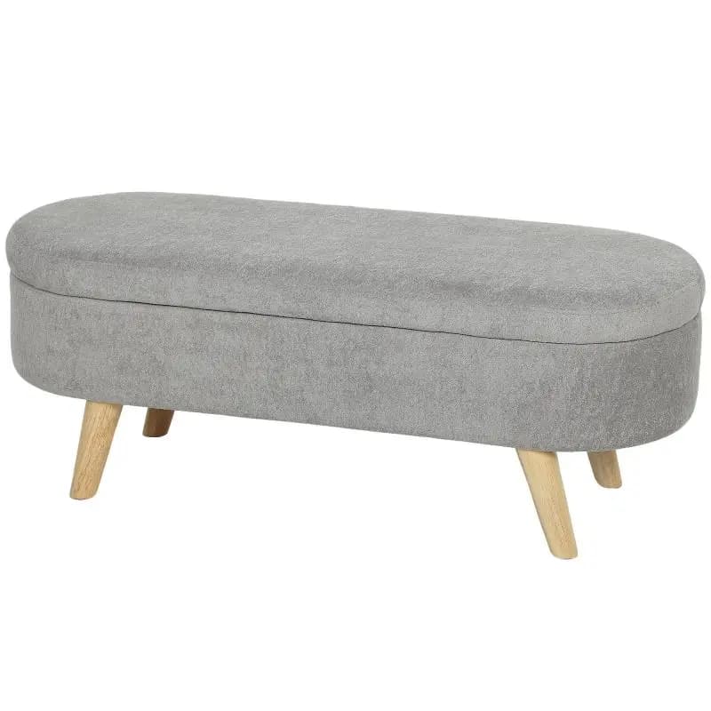 Teddy Velvet Upholstered Storage Ottoman with Wooden Legs and Light Gray Padded Seat